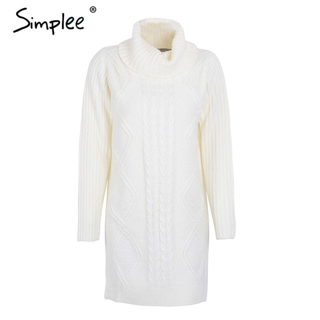 Simplee Turtleneck high split knitting pullover Autumn winter long sleeve leisure sweater dress women pull streetwear jumper