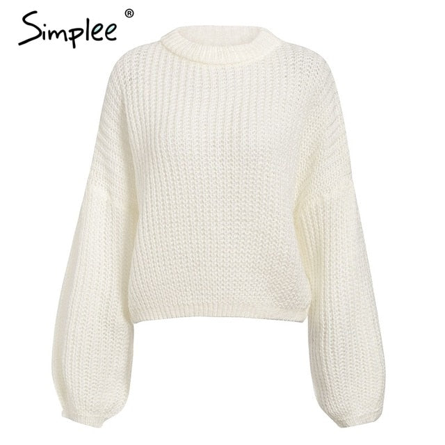 Simplee Winter lantern sleeve knitted sweater pullover Women loose round neck red sweater Female autumn casual sweater jumper