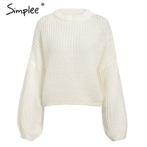 Simplee Winter lantern sleeve knitted sweater pullover Women loose round neck red sweater Female autumn casual sweater jumper