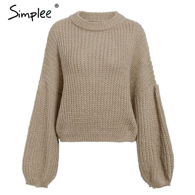 Simplee Winter lantern sleeve knitted sweater pullover Women loose round neck red sweater Female autumn casual sweater jumper