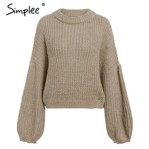 Simplee Winter lantern sleeve knitted sweater pullover Women loose round neck red sweater Female autumn casual sweater jumper