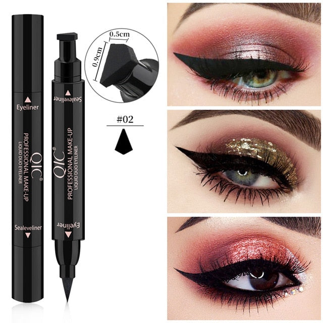 Double-Headed Seal Black Eyeliner Triangle Seal Eyeliner 2-in-1 Waterproof Eyes Make Up Kit Stamps Wing Eyeliner Pencil TSLM2