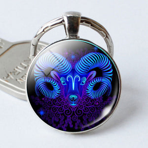 Leo Virgo 12 Constellation Key Chains Glass Cabochon Pendant Zodiac Sign Key Rings Silver Plated Bag Pendant Keychains