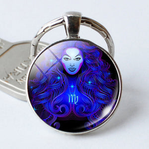 Leo Virgo 12 Constellation Key Chains Glass Cabochon Pendant Zodiac Sign Key Rings Silver Plated Bag Pendant Keychains