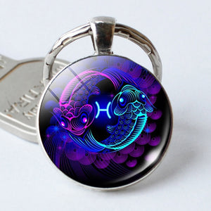 Leo Virgo 12 Constellation Key Chains Glass Cabochon Pendant Zodiac Sign Key Rings Silver Plated Bag Pendant Keychains