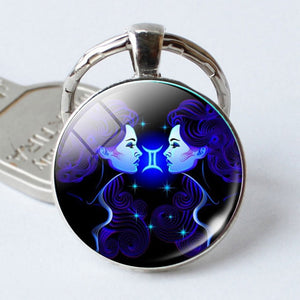 Leo Virgo 12 Constellation Key Chains Glass Cabochon Pendant Zodiac Sign Key Rings Silver Plated Bag Pendant Keychains