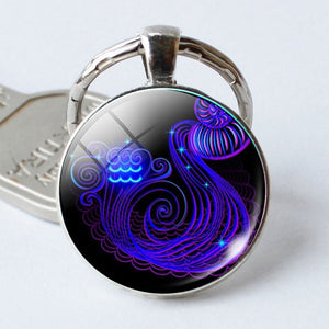 Leo Virgo 12 Constellation Key Chains Glass Cabochon Pendant Zodiac Sign Key Rings Silver Plated Bag Pendant Keychains