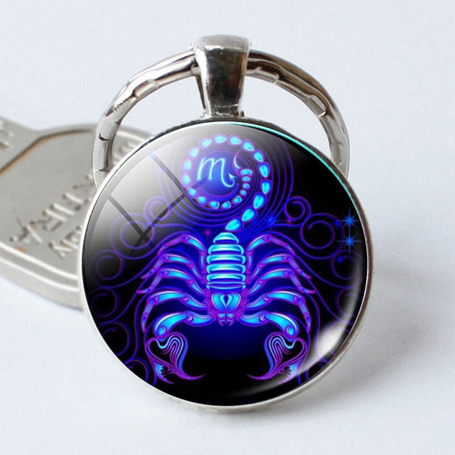 Leo Virgo 12 Constellation Key Chains Glass Cabochon Pendant Zodiac Sign Key Rings Silver Plated Bag Pendant Keychains