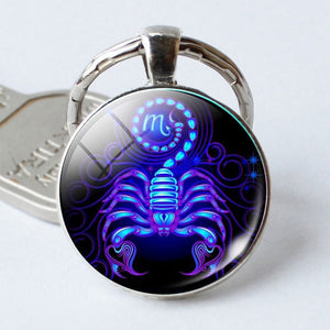 Leo Virgo 12 Constellation Key Chains Glass Cabochon Pendant Zodiac Sign Key Rings Silver Plated Bag Pendant Keychains