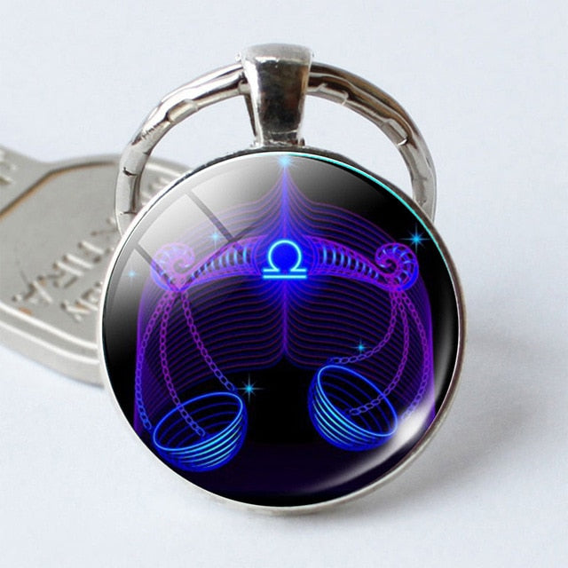 Leo Virgo 12 Constellation Key Chains Glass Cabochon Pendant Zodiac Sign Key Rings Silver Plated Bag Pendant Keychains