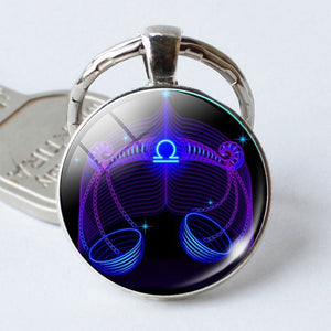 Leo Virgo 12 Constellation Key Chains Glass Cabochon Pendant Zodiac Sign Key Rings Silver Plated Bag Pendant Keychains