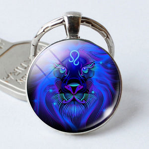 Leo Virgo 12 Constellation Key Chains Glass Cabochon Pendant Zodiac Sign Key Rings Silver Plated Bag Pendant Keychains